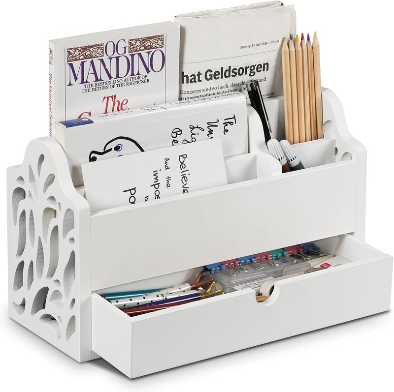 Dhmkfly Desk Organizer with Drawer Wood File Office Mail Organizer Countertop-5 Slot Tabletop Storage Pen Organizer Letter Holder for School Home Office Supplies (White) - Image 1